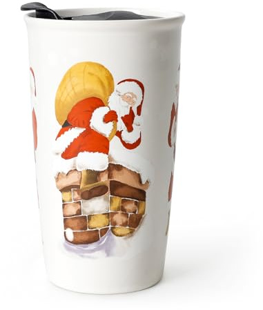 ANTIS'S HOME Weihnachts Kaffeebecher to go 300ml Keramik mit Deckel - „Weihnachtsmann in Aktion“ Coffee to go Becher, Doppelwandiger Thermobeche für Kaffee, Tee & Schokolade,Geschenk zu Weihnachten