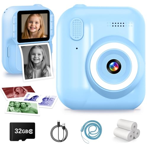 Kinderkamera Sofortbildkamera, 1080P Sofortbildkamera Kinder mit 32GB Karte & 3 Rollen Druckpapier, 2,4 Bildschirm Digitalkamera Kinder, Geburtstagsgeschenk Weihnachten Geschenke für 3-12 Jahren