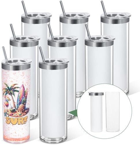 20 Oz 8 Pack Double Wall Pre Drilled Sublimation Storyboard Snow Globe Tumbler, Inner Stainless Steel Outer Plastic Insulated Storyboard Cups, DIY Interlayer for Glitter Storyboard Tumbler Gifts