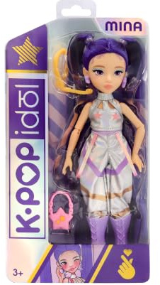 K-POP IDOL Poupée Mina Fashion Dolls Style K-Pop Starlight, Cheveux Violets avec couettes. 3 Accessoires pour créer des Tenues. Enfants à partir de 3 Ans.