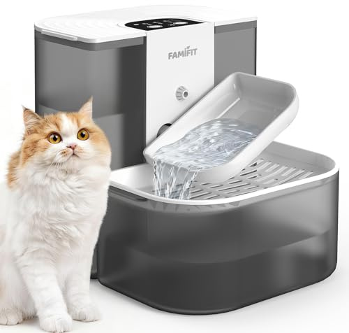 Famifit Fontaine à eau automatique pour chat 4,5 L + 2 L (non chauffée), batterie 2000 mAh, minuterie 3/6/9 h et contrôle 80/100/120 ml, système d'eau propre, sans filtre, bol en céramique, ultra