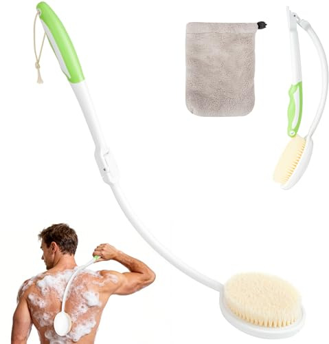 Brosse Dos Douche Pliable à Long Manche – Brosse pour le Dos Douches avec Poils Souples et Serviette Incluse, Brosses Douche Dos Ergonomique pour Nettoyage Corps Entier
