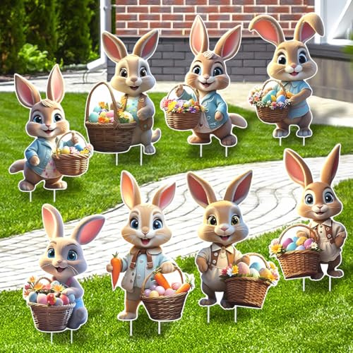 Osterhasen Gartenstecker, 8 Stück 2D Ostern Hasen Werbeschilder, Ostern Hof Schild für Outdoor Gartendekoration, Bunny Gartenschild, Groß Osterdeko Garten Dekoration für Gärten, Topfpflanzen, Rasen