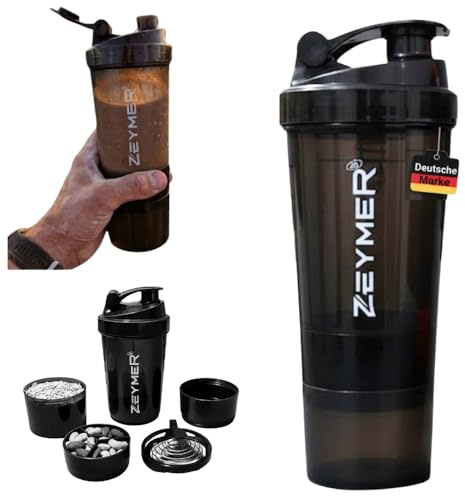 ZM ZEYMER Protein Shaker 500 ml – Eiweiß Shaker mit Pulverfach & Tablettenfach – BPA-frei Schüttelbecher – shaker mit Kugel – auslaufsicherer Fitness Shaker für Proteinshake & Sportgetränke