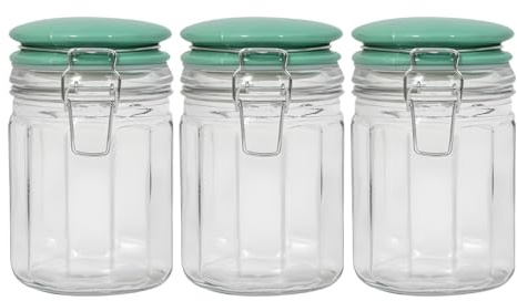 YöL Set of 3 Fluted Glass Storage Jar with Green Ceramic Lid 700ml Airtight Clip Lock Food Container for Sweets Biscuits Coffee Sugar Pasta and Dried Foods Kitchen Organisation Canister