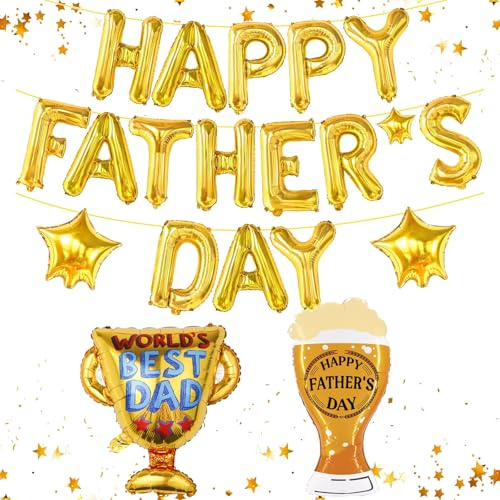 Happy Fathers Day Decorations, Gold Foil Fathers Day Balloons Set with Trophy & Beer Shaped Balloons, Stars, Ribbon and Straw, Fathers Day Party Supplies and Decorations for Dad Celebration