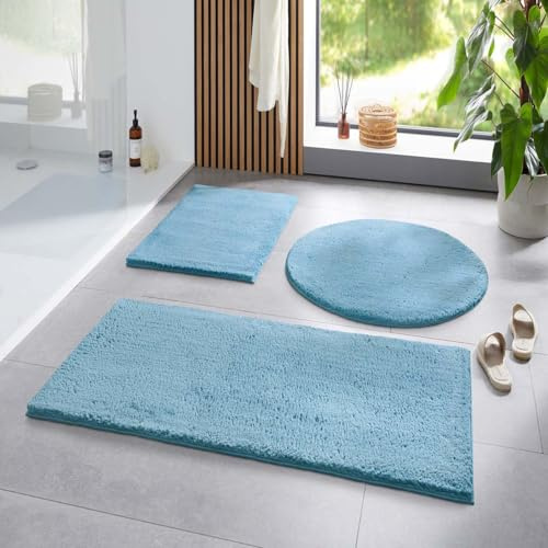 Taracarpet Badematte Fiona rutschfest waschbar Badezimmerteppich sehr weich und als Set kombinierbar Uni New Hellblau 080 cm rund