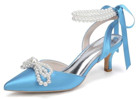 Escarpins Mariée Satin Bout Pointu Nœud Perles Petit Talon Mariage Kitten Heels 6Cm