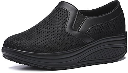 Solshine Damen Mesh Leichte Slip On Plateau Sportliche Walkingschuhe P218 Schwarz 38EU