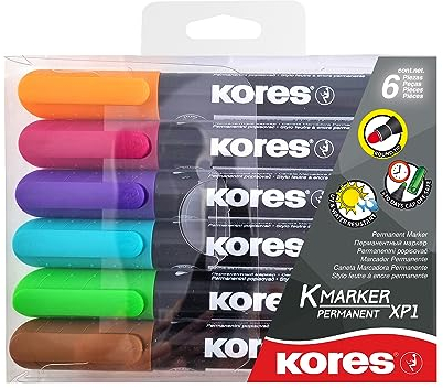Kores - K-Marker XP1: Farbige Permanent Marker Stifte, Rundspitze mit wasserfester und geruchsarmer Tinte, für alle Oberflächen, Einzelpackung mit 6 farbigen Stiften