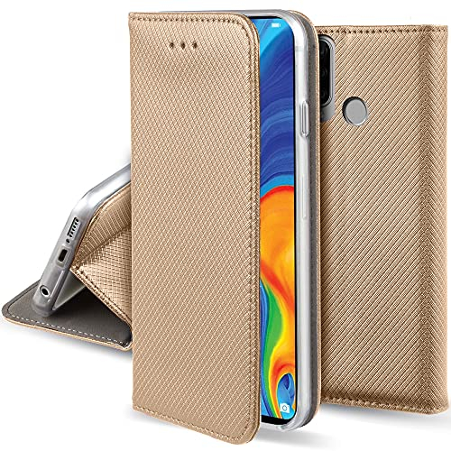 Moozy Cover per Huawei P30 Lite, Oro - Custodia a Libro Flip Smart Magnetica con Appoggio e Porta Carte