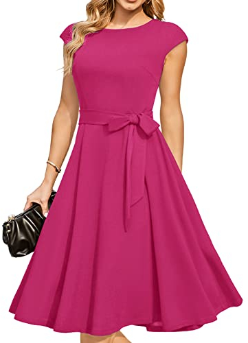DRESSTELLS Robe Cocktail Mariage Robe Demoiselle d'honneur Vintage années 50 col Rond Manches Courtes Rose XL…