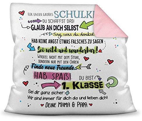 Kuschel-Kissen mit Spruch inkl. Füllung für Kinder zur Einschulung - Für unser Schulkind - Bestes Einschulungsgeschenk/Geschenkidee Schulstart/Geschenk zum Schulbeginn - Farbkissen Rückseite Rosa