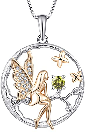 FJ Schutzengel Halskette Anhänger 925 Sterling Silber Engel Kette Damen Fee Schmetterling Baum des Lebens Halskette Peridot August Geburtsstein Kette Schmuck Geschenke für Frauen Mädchen