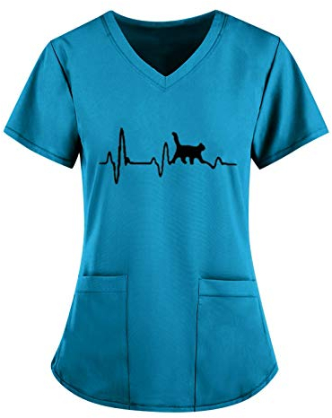 Schlupfkasack Damen Pflege Kasack mit Taschen Krankenpfleger Berufsbekleidung mit Motiv Schlupfhemd Uniformen V-Ausschnitt Kurzarm T Shirts Kosmetikerin Nurse Schlupfkasack Uniformen