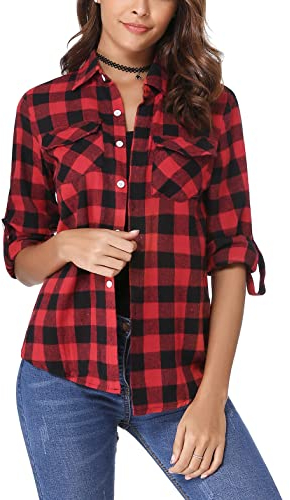 Irevial Chemisier Femme Chic et Élégant Manches Longues Carreaux Tops Classique Blouse Décontractée Rouge, XL