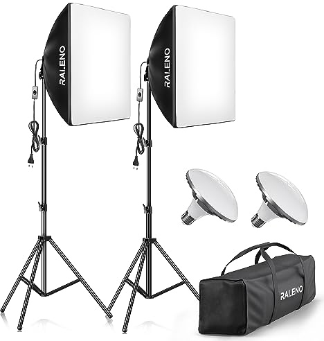 RALENO Softbox, Set da Studio Fotografico con Softbox LED, 50x50 cm Set di Luci da Studio a Luce Permanente con Attacco 50W 5500K, Adatto per Ritratti in Studio, Numero Modello: PS70