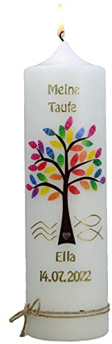 Christ-Kerzen Taufkerze ELLA mit Baum in Regenbogenfarben 1431, Größe:ca. 30x7 cm