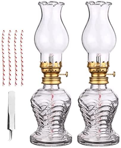 Lanmiya Oil Lamps for Indoors UK, Clear Kerosene Lamp Lantern, 2 Sets Classic with Glass Lampshade and 4 Cotton Wick, Vintage Chamber Lamp, Emergency Lighting Indoor Outdoor, assorted Color (SB-122)