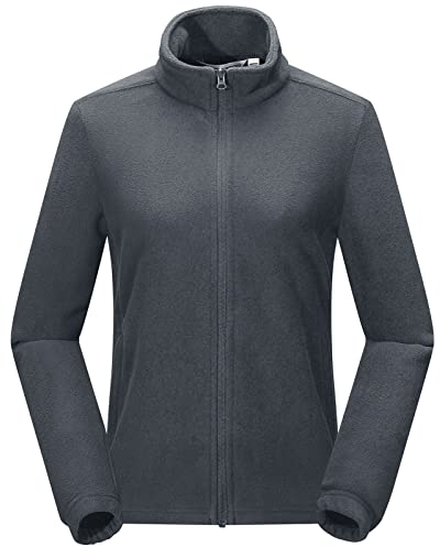 33,000ft Damen Fleecejacke mit Durchgehendem Reißverschluss Stehkragen Damen Leichte Fleece Jacke Antistatische Outdoor Damenjacke für Wandern und Freizeit, Dunkelgrau M