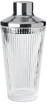 Stelton Pilastro Cocktail Shaker – 400 ml, geriffeltes Glas, Edelstahl, integrierter Messbecher & Sieb, spülmaschinengeeignet, Art-Déco-Design