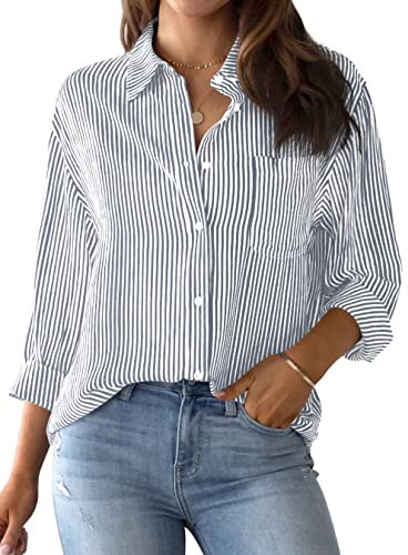 NONSAR Bluse Damen Elegant Langarm Streifenbluse Hemden mit Knöpfen Casual Büro Arbeit Blusen Baumwolle Tunika Hemd Oberteile Tops(9359L,Grau)