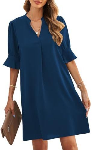 ANFTFH Damen Tunika Kleid Sommer Kurz Kleider Elegant Blusekleid Freizeitkleid Locker Kleider mit Halbärmeln Blau L