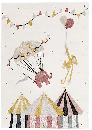 RugVista, Monkey Circus, Kinderzimmer Teppich, 140 x 200 cm, Kinderteppich für Kinder, Spielteppich für Babys, Modernes Design, Kurzflor, Keine schädlichen Stoffe, Off-Weiß/Blau