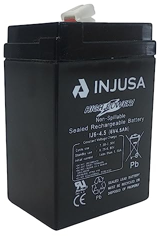 INJUSA 6-Volt- und 4,5-Ah-Blei-Säure-Batterie, kompatibel mit 6-Volt-Elektrofahrzeugen von INJUSA, Motorrädern, Autos und Quads mit 6-Volt-Batterie, mit 60 Minuten Autonomie und 12 Stunden Ladezeit
