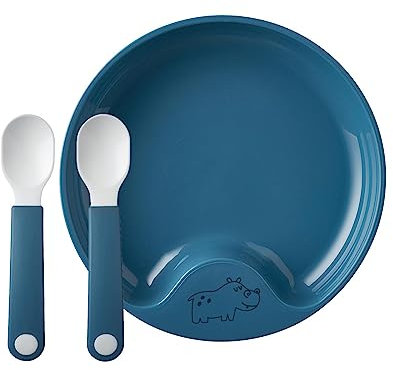 Mepal Mio - Lernteller mit Lernlöffel - Deep blue - rutschfester Kinderteller, handliche Kinderlöffel - Babyteller, Babylöffel - mikrowellenfest - spülmaschinengeeignet