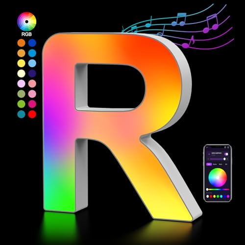 Lettres Lumineuses Alphabet, Lumineux Lampe LED Lettre RGB, App Controllo Lumières Lettre Deco Opérateur à USB pour Anniversaire, Fête, Mariage, Vacances, Maison, Bar, Se Marier - R