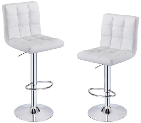 Lot de 2 Tabourets de Bar, Chaises Haut, Hauteur Réglable, Revêtement en PU, Rotatif sur 360°, avec Dossier et Repose-Pieds, Pied Chromé (Blanc)