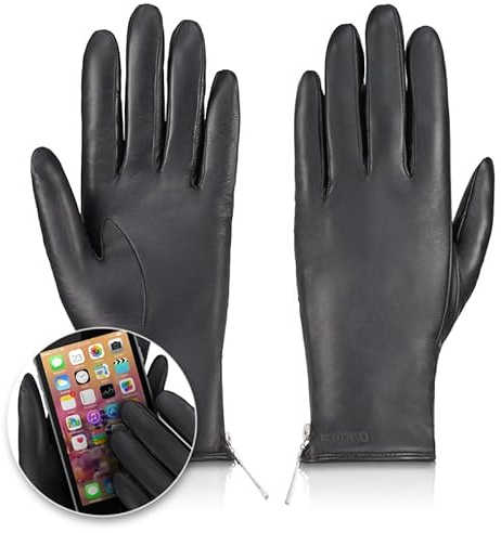 Betlewski - Damen Handschuhe aus Schafsleder gefüttert - Warme Winter Lederhandschuhe für Damen in Schwarz mit Wollfutter - Winterhandschuhe für Touchscreens mit Reißverschluss - Black Rose iTouch -XL