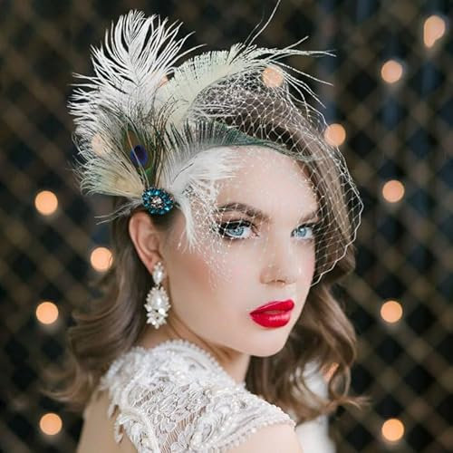 IYOU Coiffe Gatsby Plumes avec Voile Pinces à Cheveux Flapper Vert Accessoires de Coiffure pour le Bal de Fin D'année et le Mariage 1920 pour Femmes