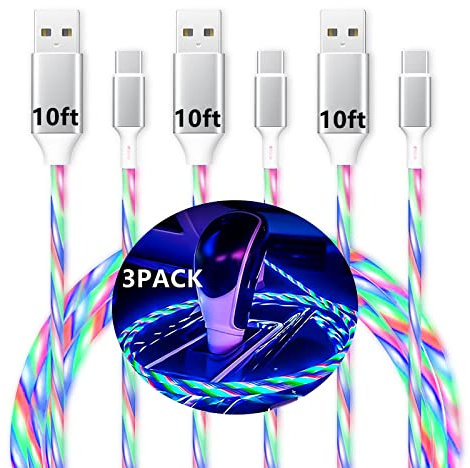 USB Type C Charging Cable(3-Pack 10ft), Led Light Up Charger Cord, USB A to USB C Flowing Charge Cord Compatible with Android