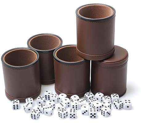 5er-Pack PU-Leder Würfelbecher mit Filzfutter, geräuscharmer Becher mit 30 gepunkteten Würfeln für Würfelspiele, Braun