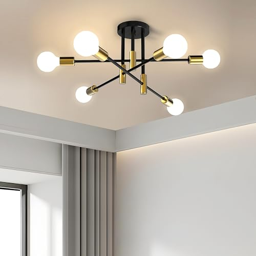 OTREN Deckenleuchte Vintage, 6 Flammig Deckenlampe mit E27 Fassung Industrial Kronleuchter Moderne Pendelleuchte für Wohnzimmer Esszimmer Flur Küche Restaurant, Schwarz-Gold (Ohne Leuchtmittel)