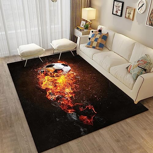 Generic Moderne, Retro-Flammenfußball Wohnzimmer Teppich, 120 x 160 cm / 47,24 x 62,99 Zoll, Schwarz, Niedriger Stapel, Polyester, PVC, Rutschfest, Umweltfreundlich, 3D Teppich