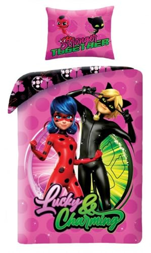 Halantex Miraculus Ladybug Marinette Cat Chat Noir – Bettwäsche Set – 1 Bettbezug 140 x 200 cm und einen Kissenbezug 70 x 90 cm – 100 % Baumwolle – mehrfarbig