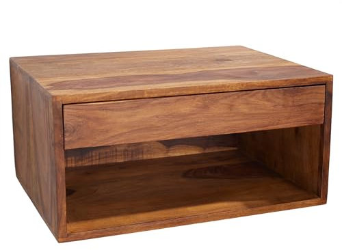 Riess Ambiente Hängender Nachttisch Pure 50cm braun Sheesham Massivholz Regal mit Schublade Beistelltisch für Dein Schlafzimmer