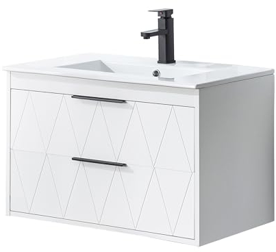 GOOBUY Waschtisch mit Unterschrank hängend, Waschbeckenunterschrank 75cm, Badmöbel, Wandwaschbecken, Aufsatzwaschbecken, Badezimmmer Möbel für Gäste WC, Badmöbel Set für Badezimmer, weiß