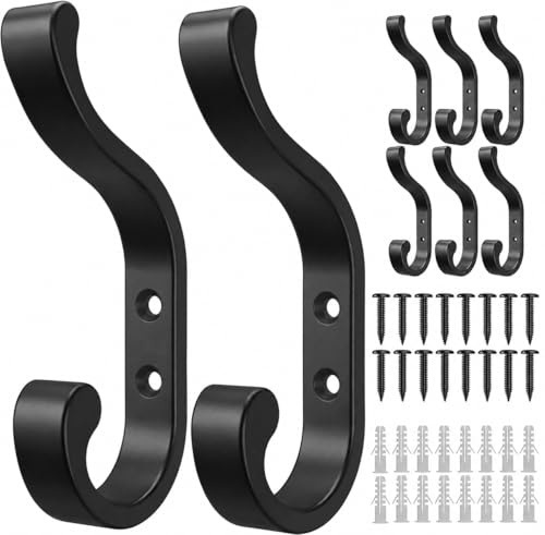 jockcaras Large Black Coat Hooks, Heavy Duty Wall Hooks for Hanging, 8 Pack | Wall Mounted, Bathroom Towel Hooks, Metal Coat Hangers for Clothes, Backpack, Bag, Hat and Jacket, Screw-In Door Hooks
