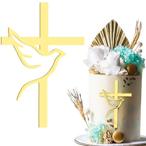 NATOSU 1 Stück Tortendeko Kreuz Tortenaufsatz Taube Gold Acryl Tortendeko, Gold Acryl Spiegeleffekt für Hochzeit, Geburtstag, Kommunion