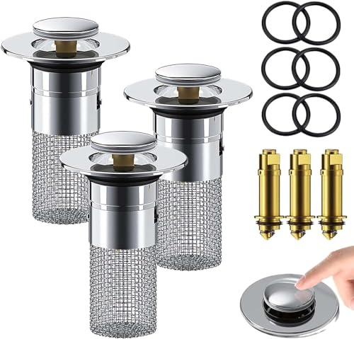WaschbeckenstöPsel, für Waschbecken & Waschtisch Aller Art MIT Überlauf, 2024 New Abflussstopfen Waschbecken mit Haarsieb, Universal Pop Up Abflusssieb Dusche schnell ablaufend (3PCS)