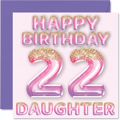 22nd Birthday Card for Daughter, Pink & Purple Glitter Balloons | Happy Birthday Cards for 22 Year Old Daughter from Mum or Dad Parents, 145mm Bday Greeting Cards Gift