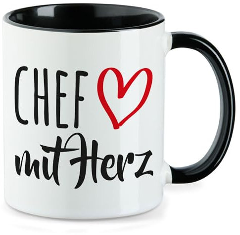 Huuraa Kaffeetasse Chef mit Herz Geschenk 330ml Schwarz Chef Präsent