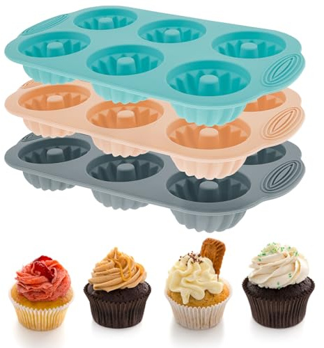 NIHUIFDPY 3Pcs Mini Ring Cake Tin 6 Cavity Silicone Baking Cake Mould Nonstick Fluted Round Cake Pan Heat Resistant Food Grade Cupcake Mold for Baking Cupcakes Muffins