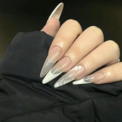 NICENEEDED 24PCS Long Stiletto Press on Nails, White French Tip False Nails Almond Glossy Artificial Nails, Full Cover Stick on Nails Reusable False Nails for Women Halloween