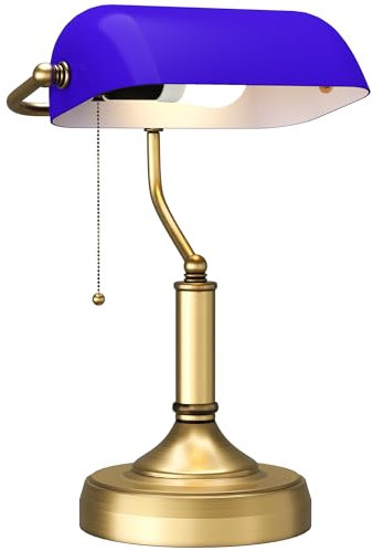 HOMCOM Banker's Table Lamp Desk Lamp with Antique Bronze Tone Base, Blue Glass Shade and Pull Rope Switch for Home Office, Living Room, Bedroom, Dining Room, Blue