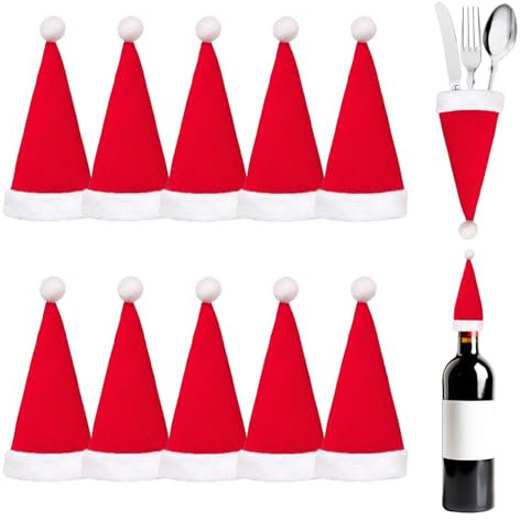Ehuixinsheng 10 Pieces Mini Christmas Hat Set,Mini Santa Hats,Christmas Tableware Silverware Holders Knife Fork Spoon Pocket Flatware Holder Wine Bottle Decor Christmas Tree DIY Decoration